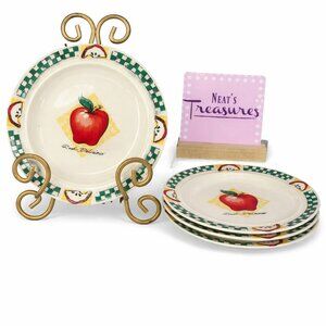 Gibson DELICIOUS Red Apple Green White Checker Board Ceramic Side Plates Set 4